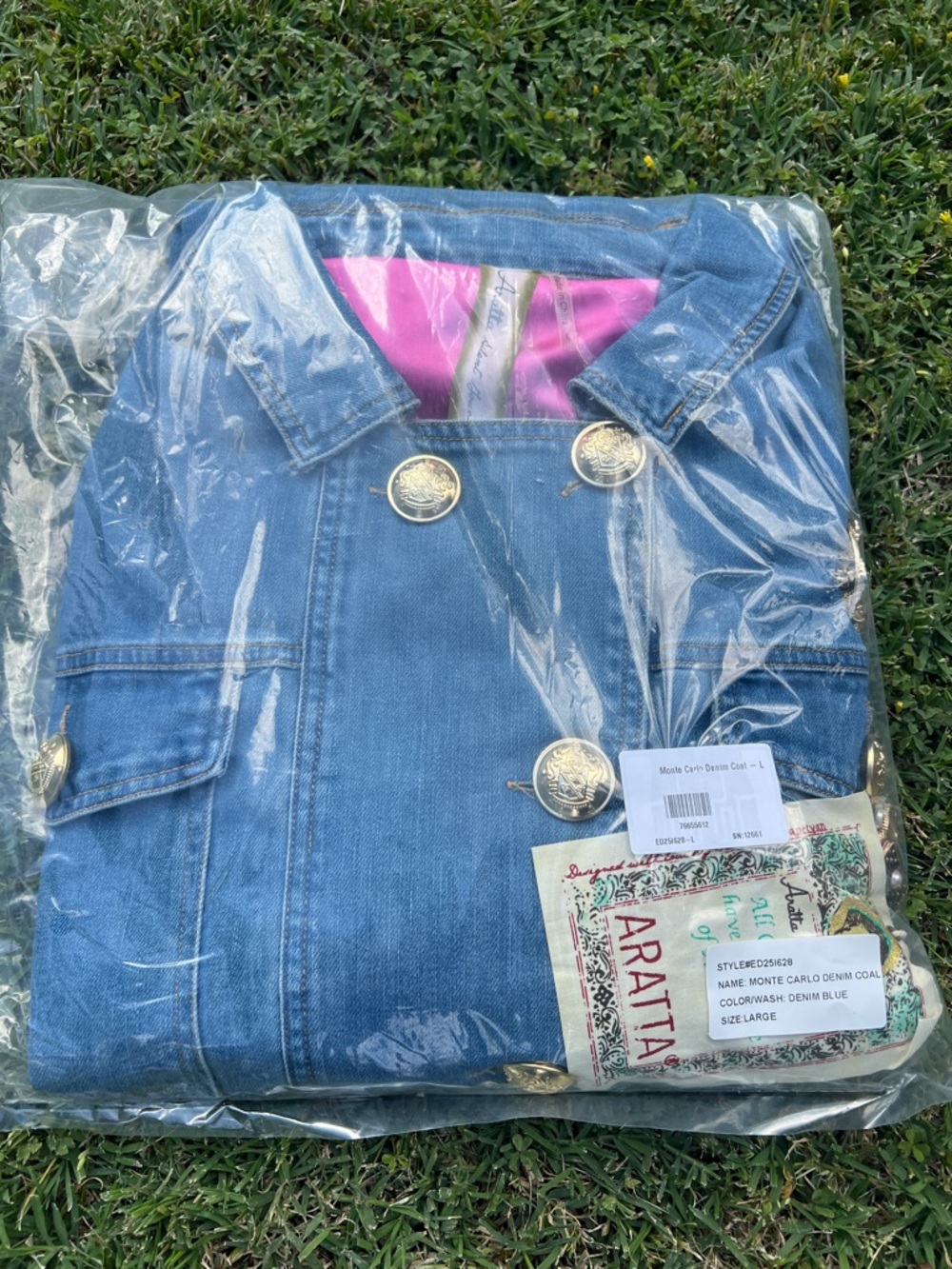 Aratta Blue MONTE CARLO DENIM COAT with Pink Lining and Gold Buttons